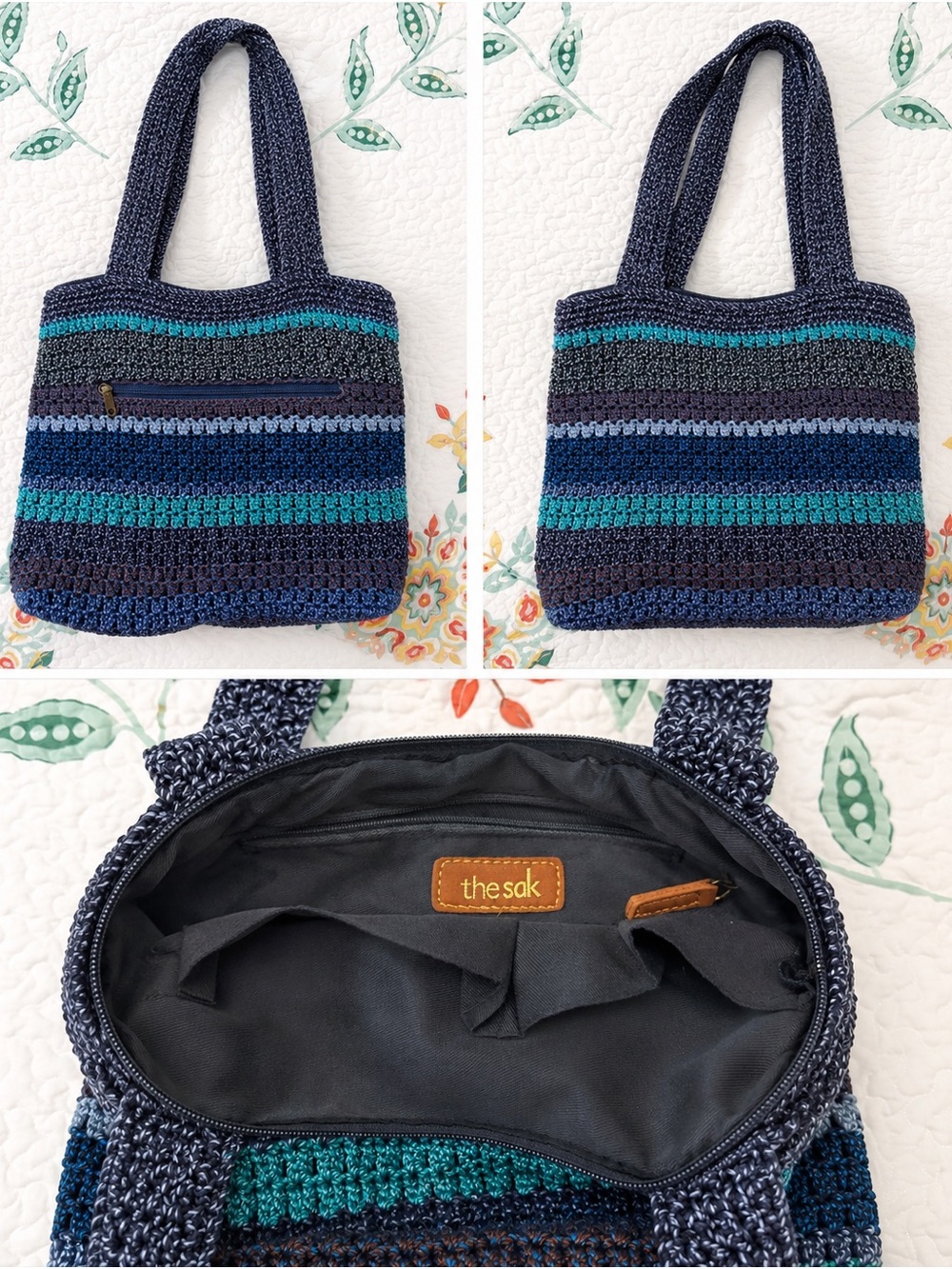 The Sak Navy, Teal & Slate Striped Crochet Tote